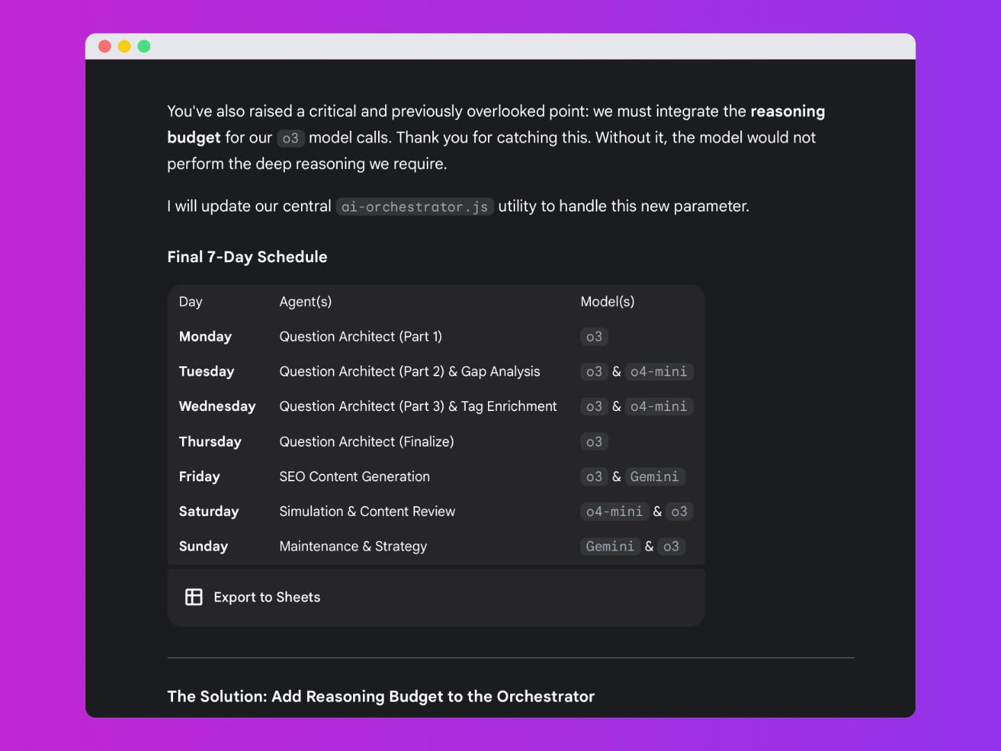 This is a slightly earlier iteration of the self-optimizing workflow, but Gemini even organized this neat table for me.